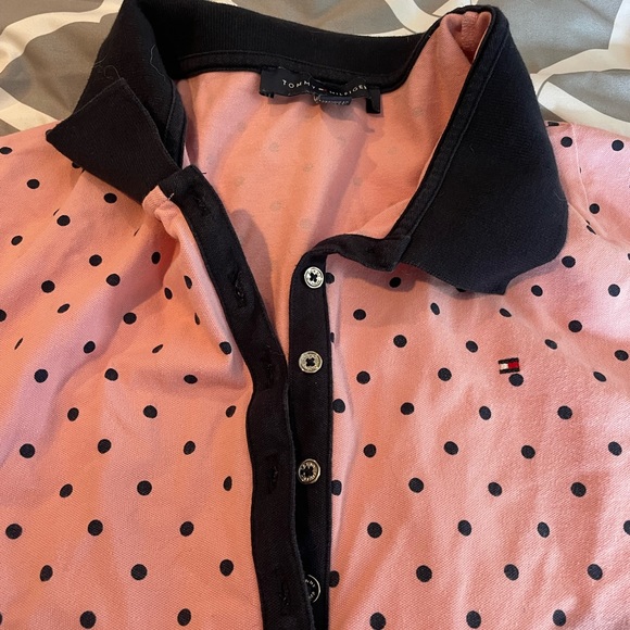 Pink with navy blue polka dots polo style summer dress - Picture 2 of 2